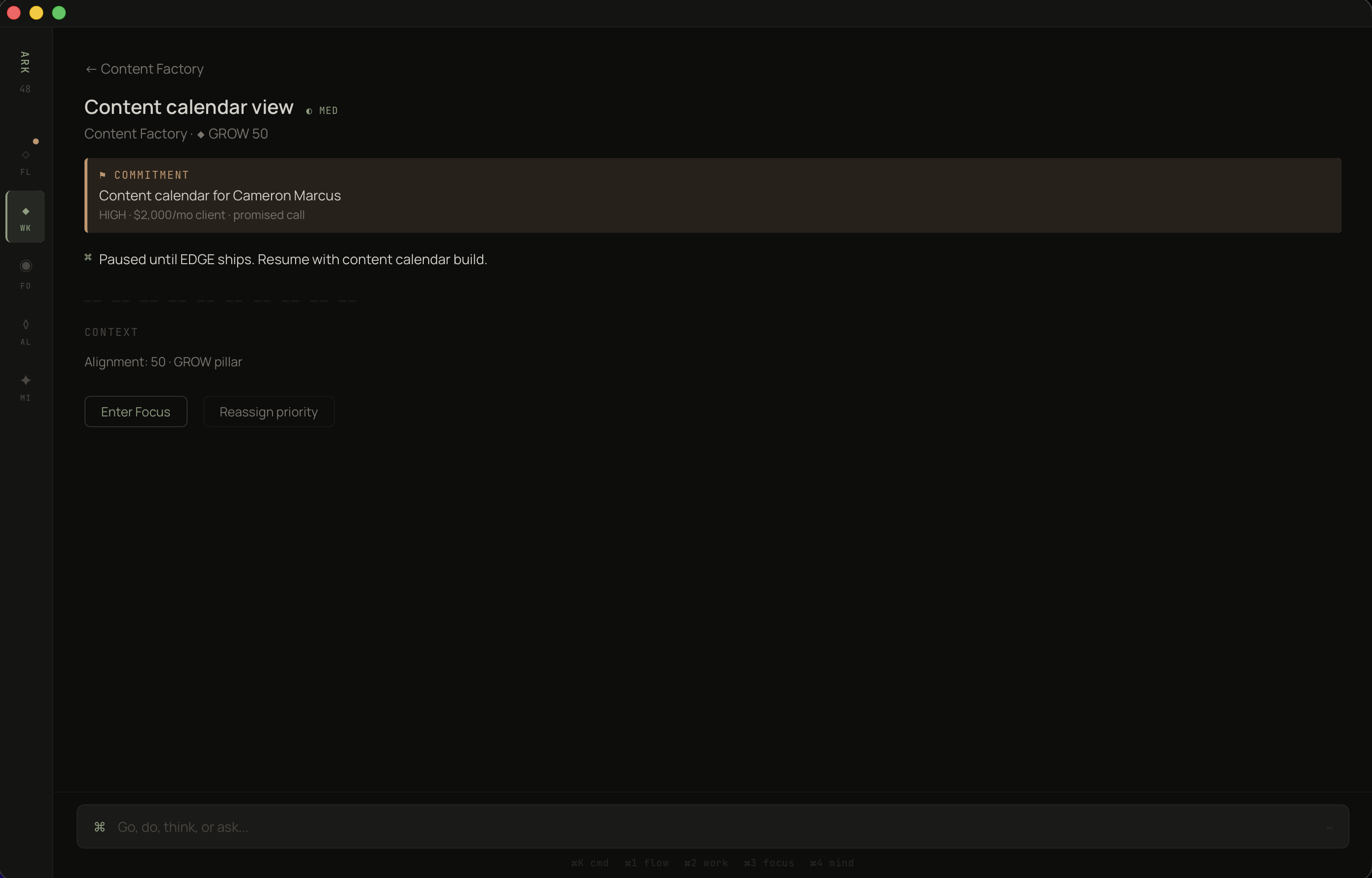 Project detail screen showing commitments above tasks. Commitments surface first — tasks inherit their urgency from the promises they serve.