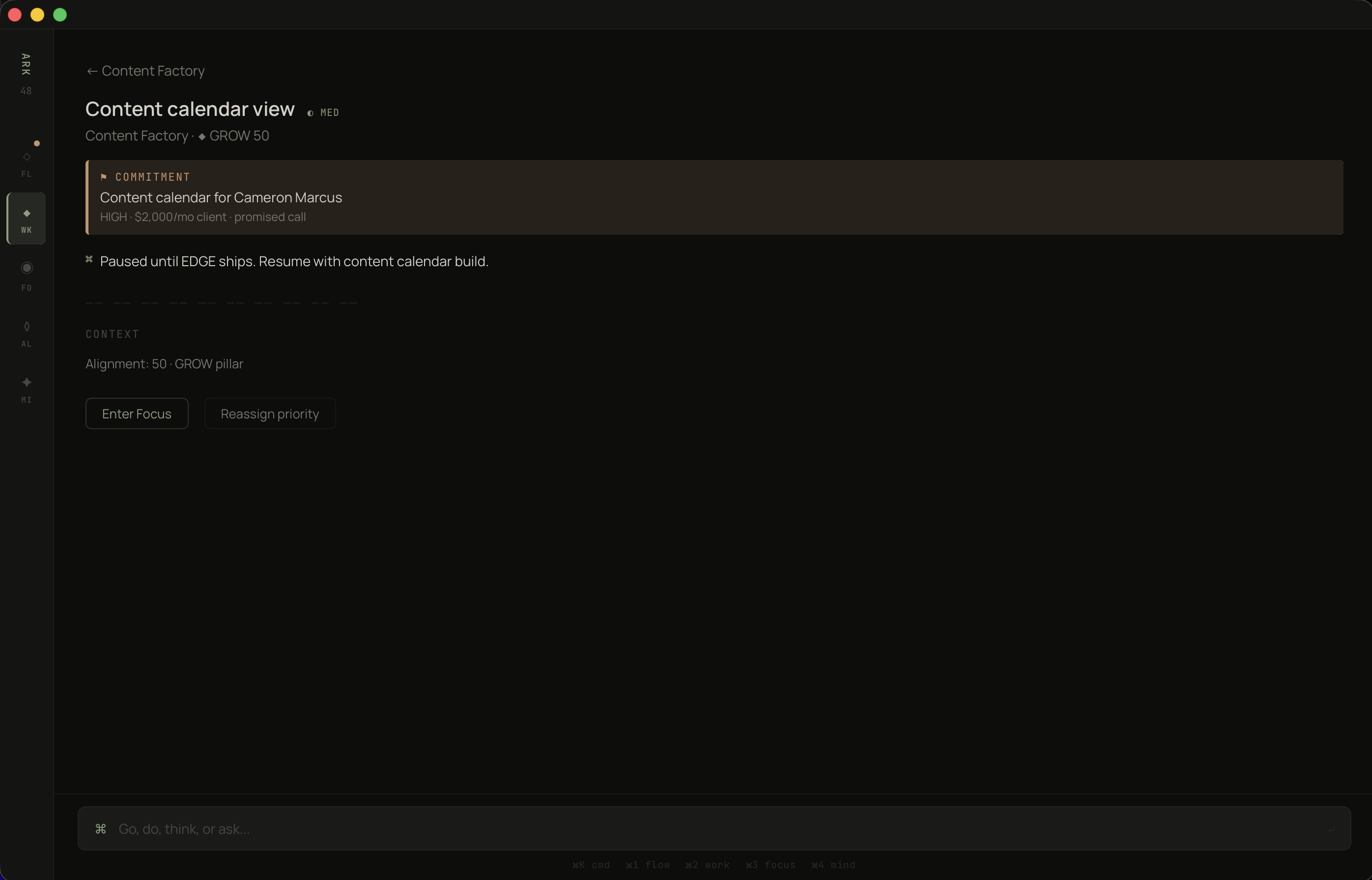 Task detail screen with warm-bordered commitment block above. The only colored container in the entire app — one exception, one reason.